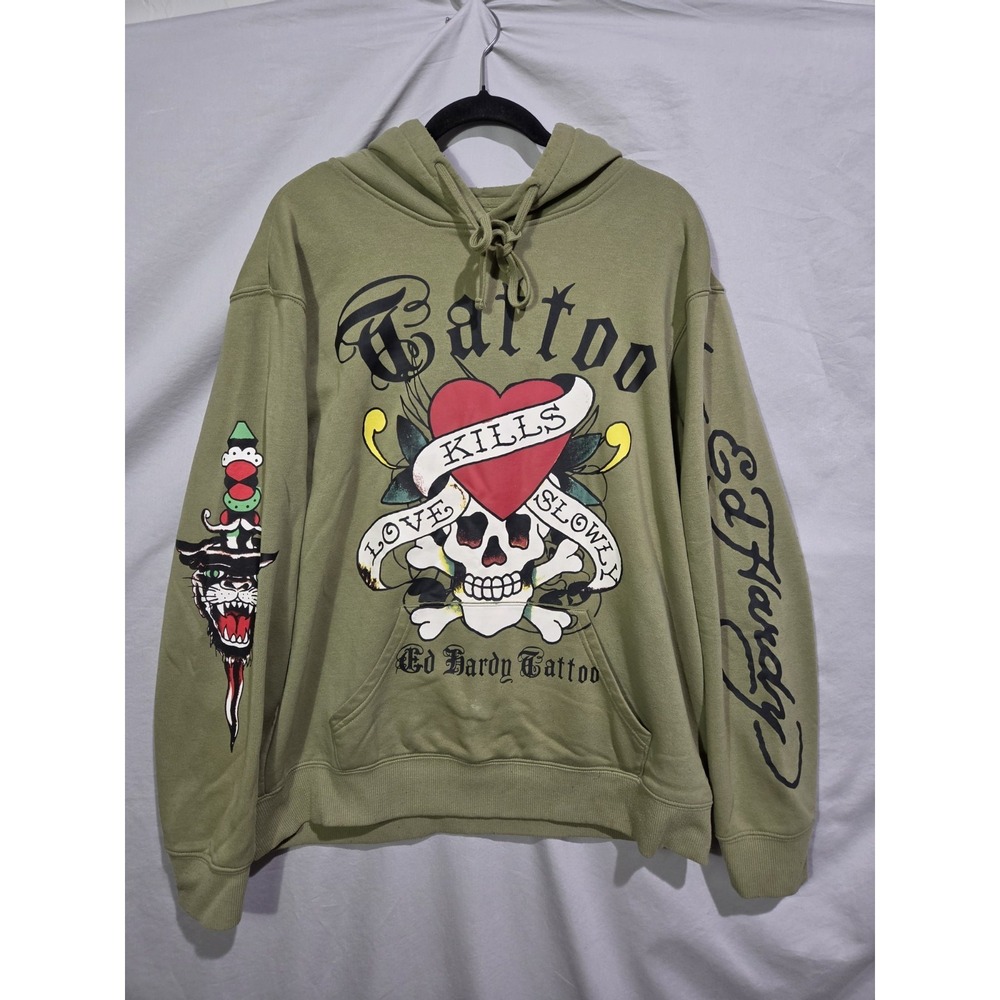 Ed Hardy Hoodie Mens Large Olive Green‎ Good Love Kills Slowly Tattoo Graphic